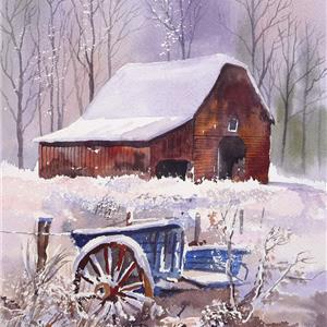 Buy Barn and Wagon in Snow 12 x 16 inches Watercolour on paper Online